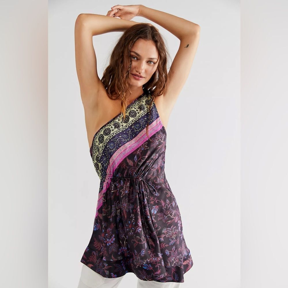 Free People One Shoulder Mira Printed Tunic Top XS‎ Floral Mixed Print Boho